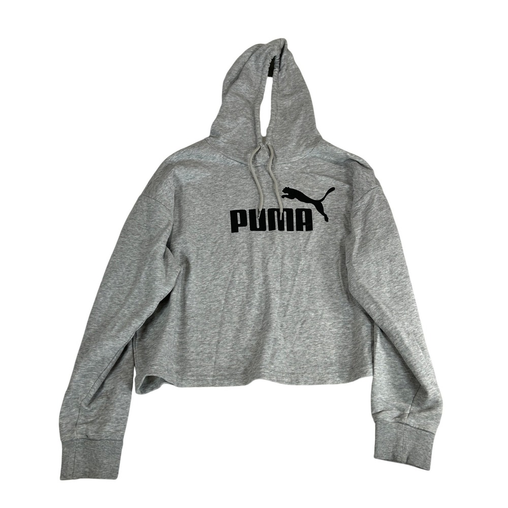 Puma Womens Gray Heather Logo Cropped Pullover Hoodie Size Medium Long Sleeve